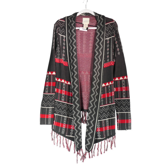 Designers Closet Billabong Cardigan Sweater Women Large Gray Long Tribal Fringe - Picture 2 of 9